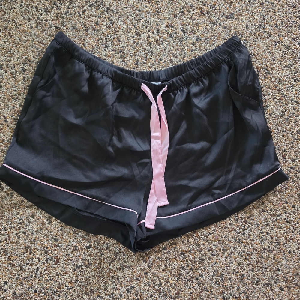 Primark Cares Black Satin Pajama Shorts Pink Trim Pockets Medium